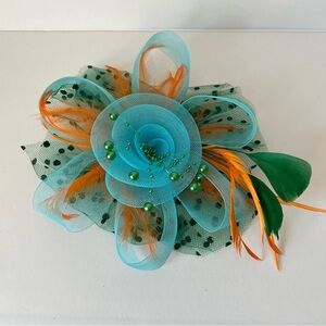 Big Floral Hair Pin Teal Orange Green Flower Clip Hairpiece Kentucky Derby Party